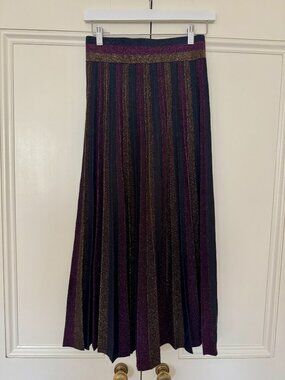 ME+EM Metallic Stripe Pleated Knit Midi Skirt Navy Plum Gold Lurex Elastic XS